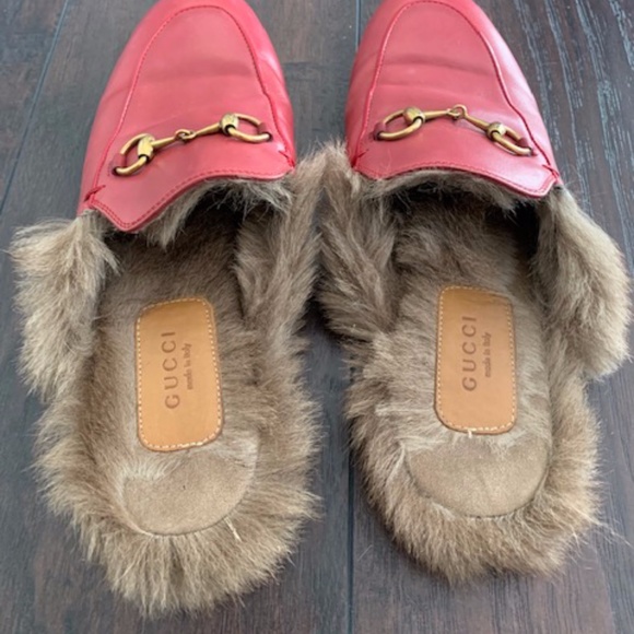 Gucci Red Leather Fur Princetown Mules Shoes 37 - Picture 2 of 6